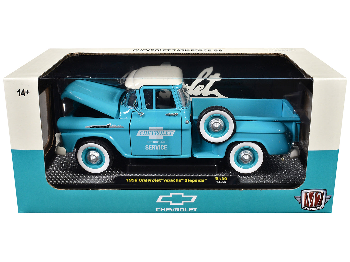 1958 Chevrolet Apache Stepside Pickup Truck "Chevrolet Service" Light Blue with White Top Limited Edition to 6650 pieces Worldwide 1/24 Diecast Model Car by M2 Machines
