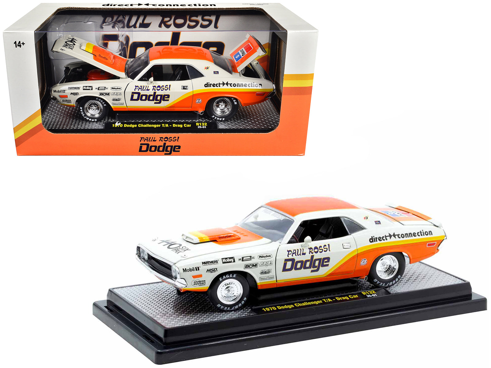 1970 Dodge Challenger T/A Drag Car "Paul Rossi" White and Orange with Graphics Limited Edition to 6650 pieces Worldwide 1/24 Diecast Model Car by M2 Machines-DiecastModeler.com