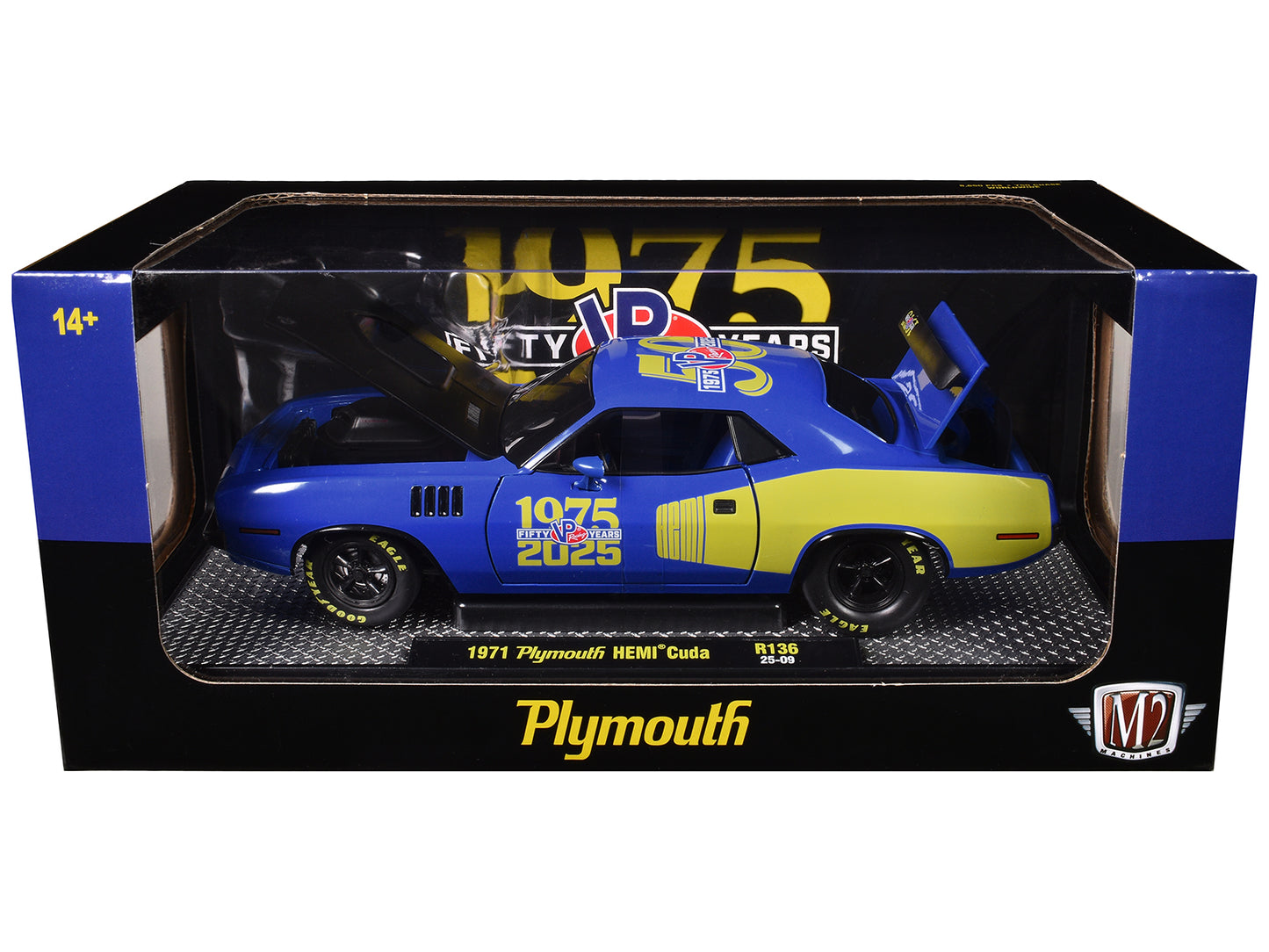 1971 Plymouth Hemi Cuda "VP Racing 50 Years" Blue with Yellow Sides Limited Edition to 8650 pieces Worldwide 1/24 Diecast Model Car by M2 Machines