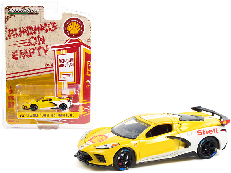 2021 Chevrolet Corvette C8 Stingray Coupe "Shell Oil" Yellow and White "Running on Empty" Series 13 1/64 Diecast Model Car by Greenlight-DiecastModeler.com