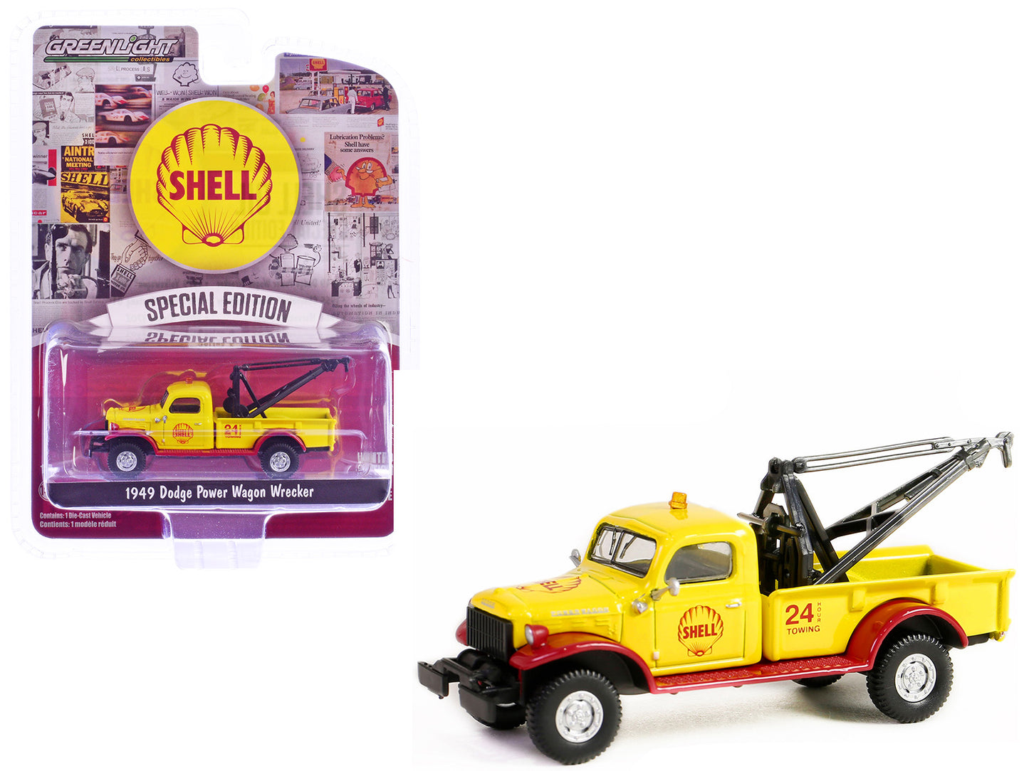 1949 Dodge Power Wagon Wrecker Tow Truck "Shell Oil" Yellow and Red "Shell Oil Special Edition" Series 2 1/64 Diecast Model Car by Greenlight-DiecastModeler.com