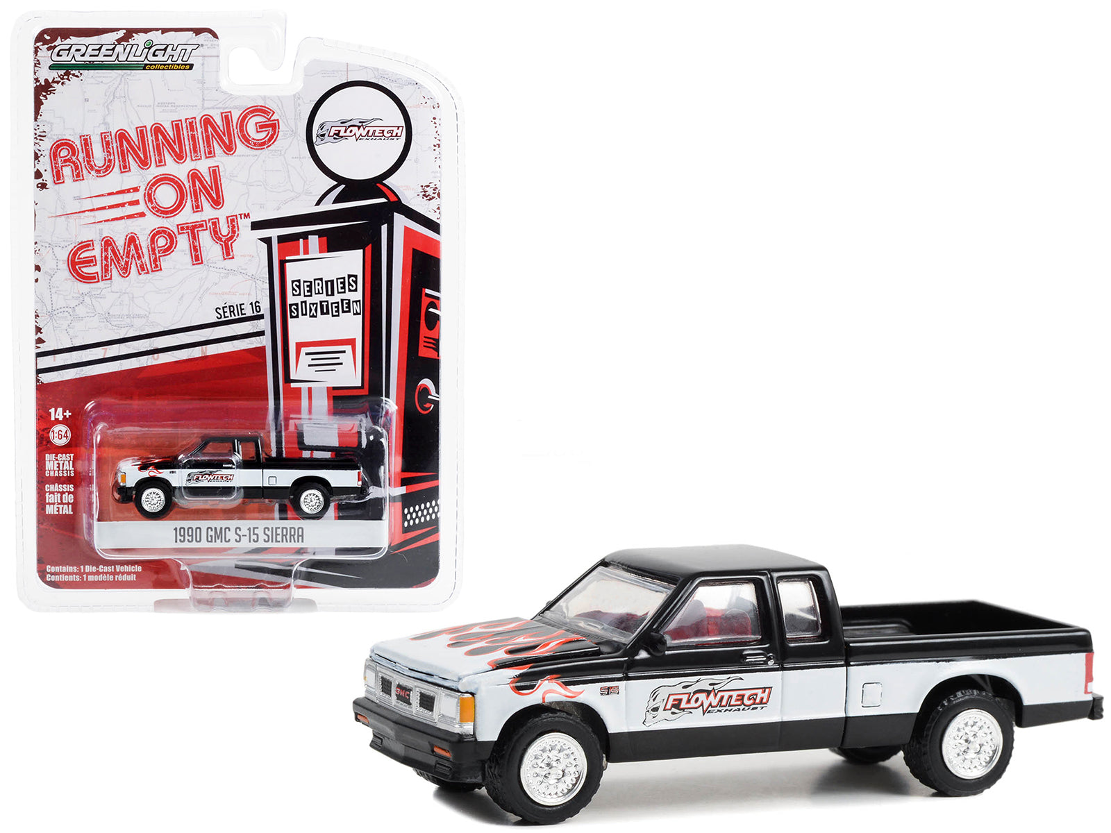 1990 GMC S-15 Sierra Pickup Truck Black and White with Flames "Flowtech Exhaust" "Running on Empty" Series 16 1/64 Diecast Model Car by Greenlight-DiecastModeler.com
