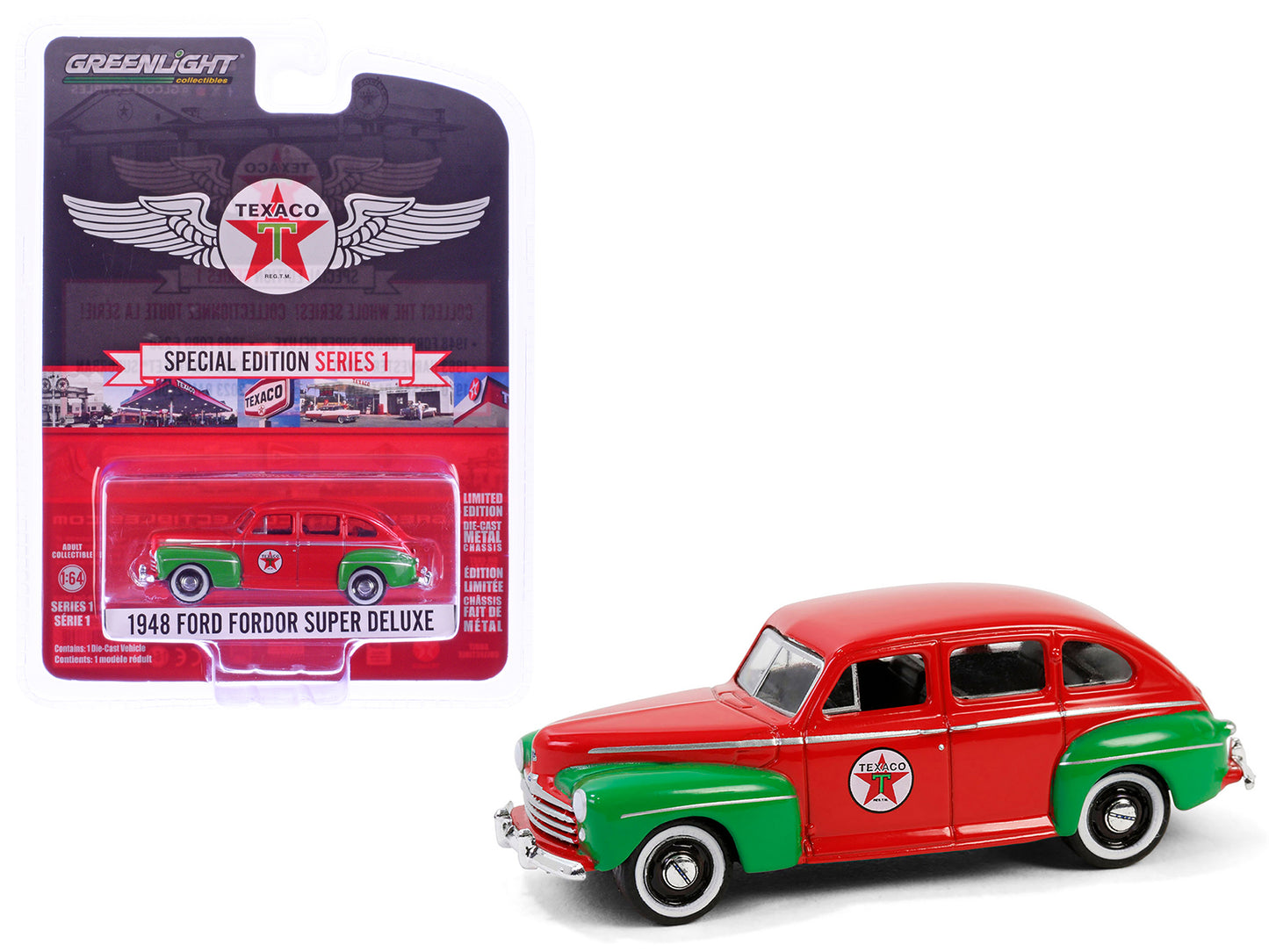 1948 Ford Fordor Super Deluxe "Texaco" Red with Green Fenders "Texaco Special Edition" Series 1 1/64 Diecast Model Car by Greenlight-DiecastModeler.com