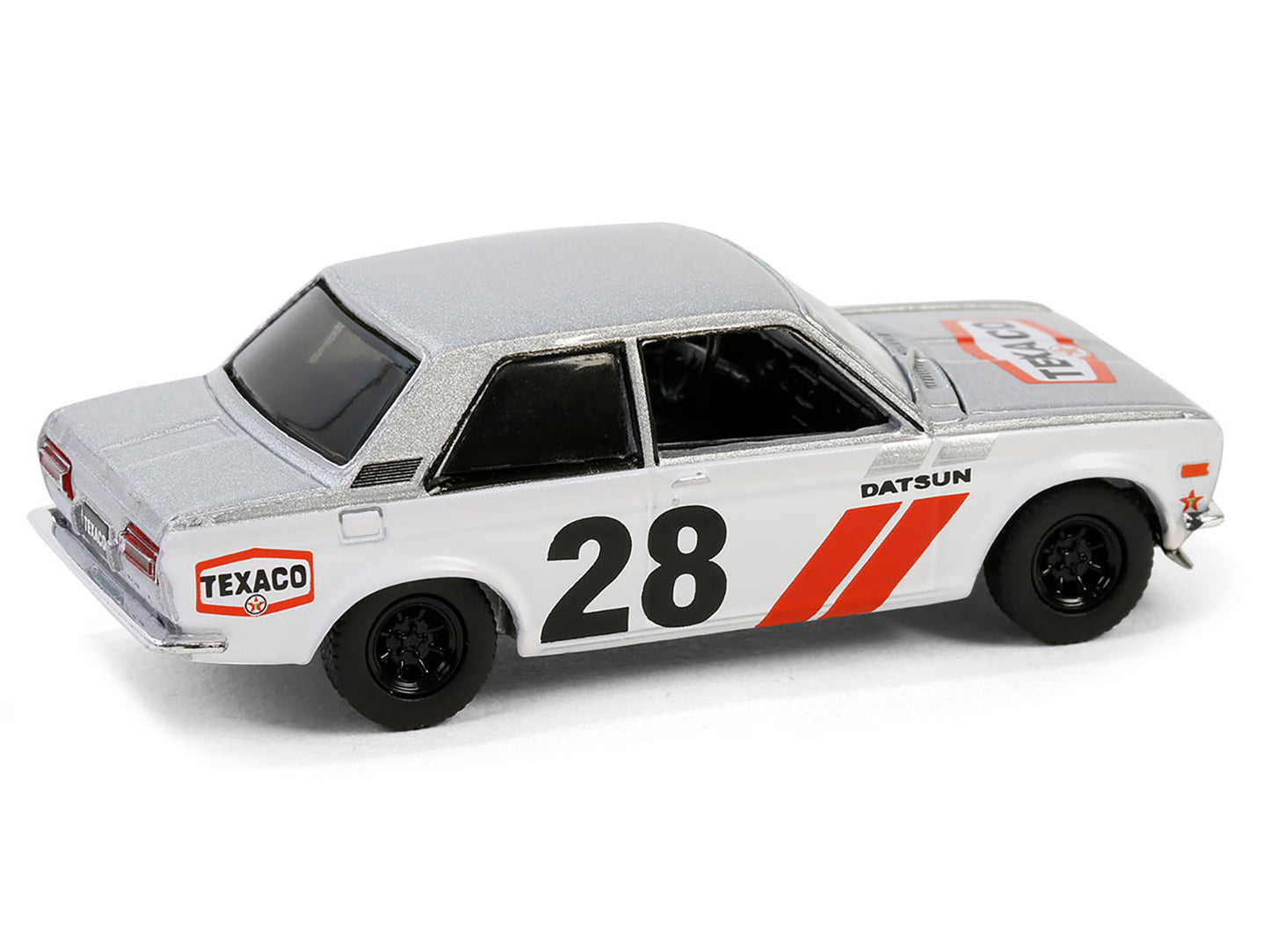 1970 Nissan Datsun 510 #28 "Texaco" Silver Metallic and White with Red Stripes "Texaco Special Edition" Series 1 1/64 Diecast Model Car by Greenlight-DiecastModeler.com