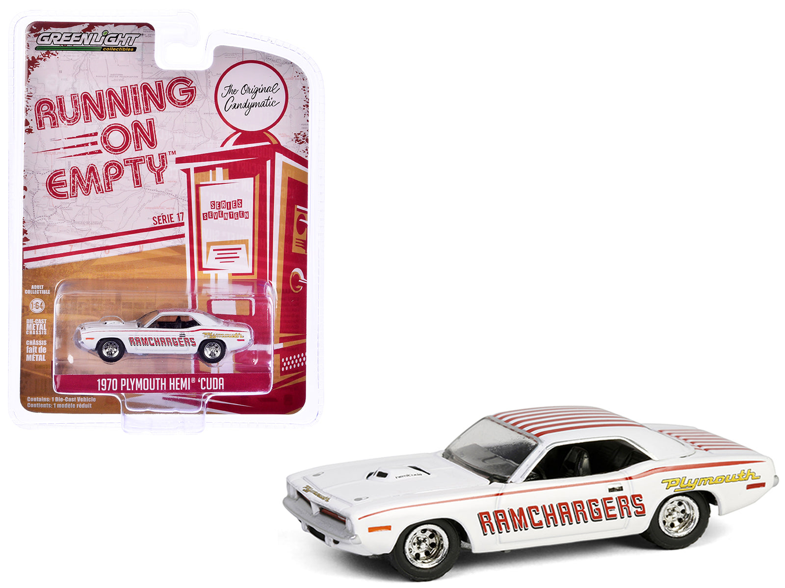1970 Plymouth Hemi Barracuda "Ramchargers" White with Red Stripes "Running on Empty" Series 17 1/64 Diecast Model Car by Greenlight-DiecastModeler.com