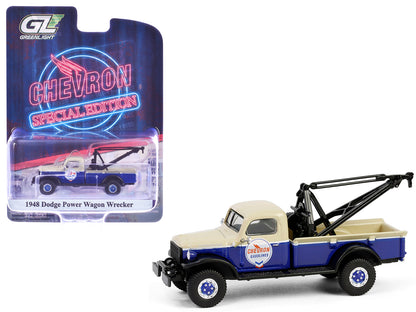 1948 Dodge Power Wagon Wrecker Tow Truck Beige and Blue "Chevron Special Edition" Series 1 1/64 Diecast Model Car by Greenlight