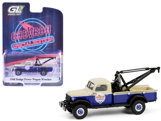 1948 Dodge Power Wagon Wrecker Tow Truck Beige and Blue "Chevron Special Edition" Series 1 1/64 Diecast Model Car by Greenlight