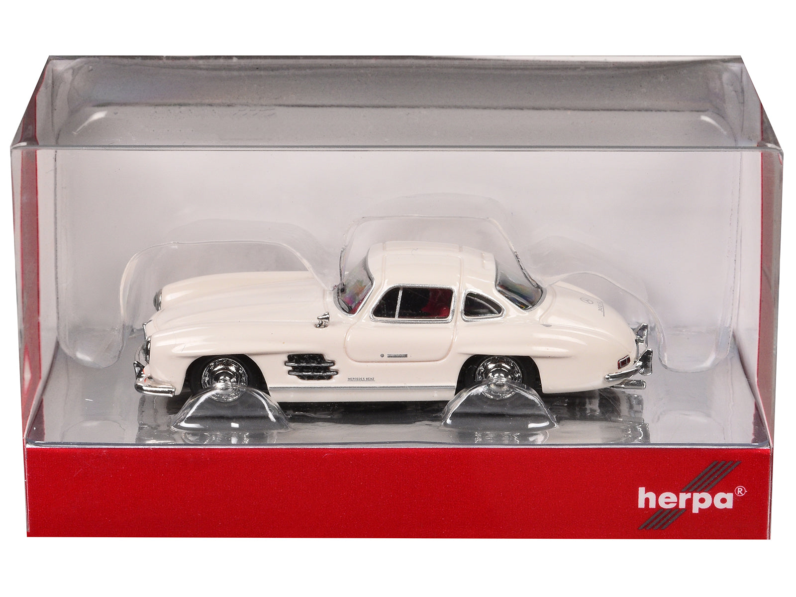Mercedes-Benz 300 SL Gullwing White with Red Interior 1/87 (HO) Plastic Model Car by Promotex-DiecastModeler.com