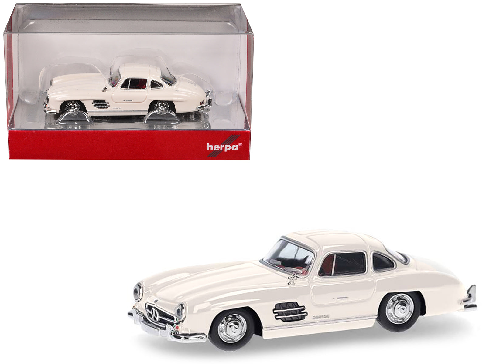 Mercedes-Benz 300 SL Gullwing White with Red Interior 1/87 (HO) Plastic Model Car by Promotex-DiecastModeler.com