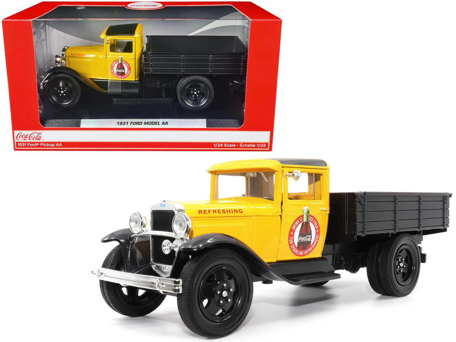 1931 Ford Model AA Pickup Truck Yellow and Black "Drink it Ice Cold for Sparkling Refreshment - Coca-Cola" 1/24 Diecast Model Car by Motor City Classics-DiecastModeler.com
