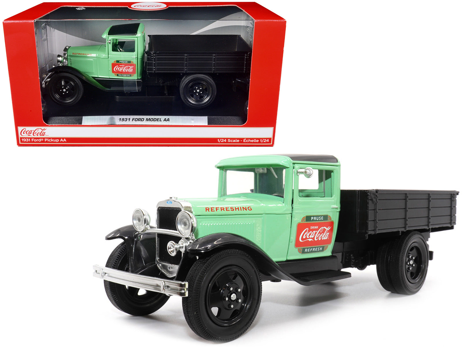 1931 Ford Model AA Pickup Truck Light Green and Black "Pause. Refresh. Drink Coca-Cola" 1/24 Diecast Model Car by Motor City Classics-DiecastModeler.com