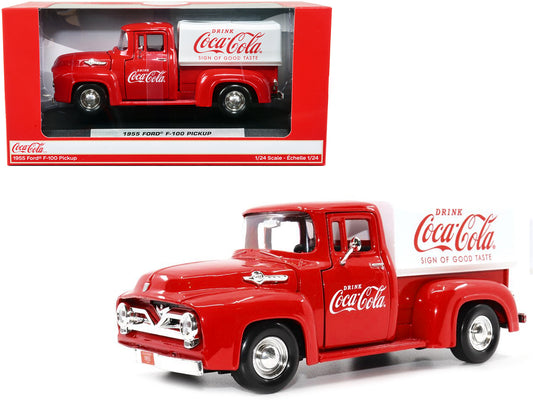 1955 Ford F-100 Pickup Truck Red with White Canopy "Drink Coca-Cola" 1/24 Diecast Model Car by Motor City Classics-DiecastModeler.com