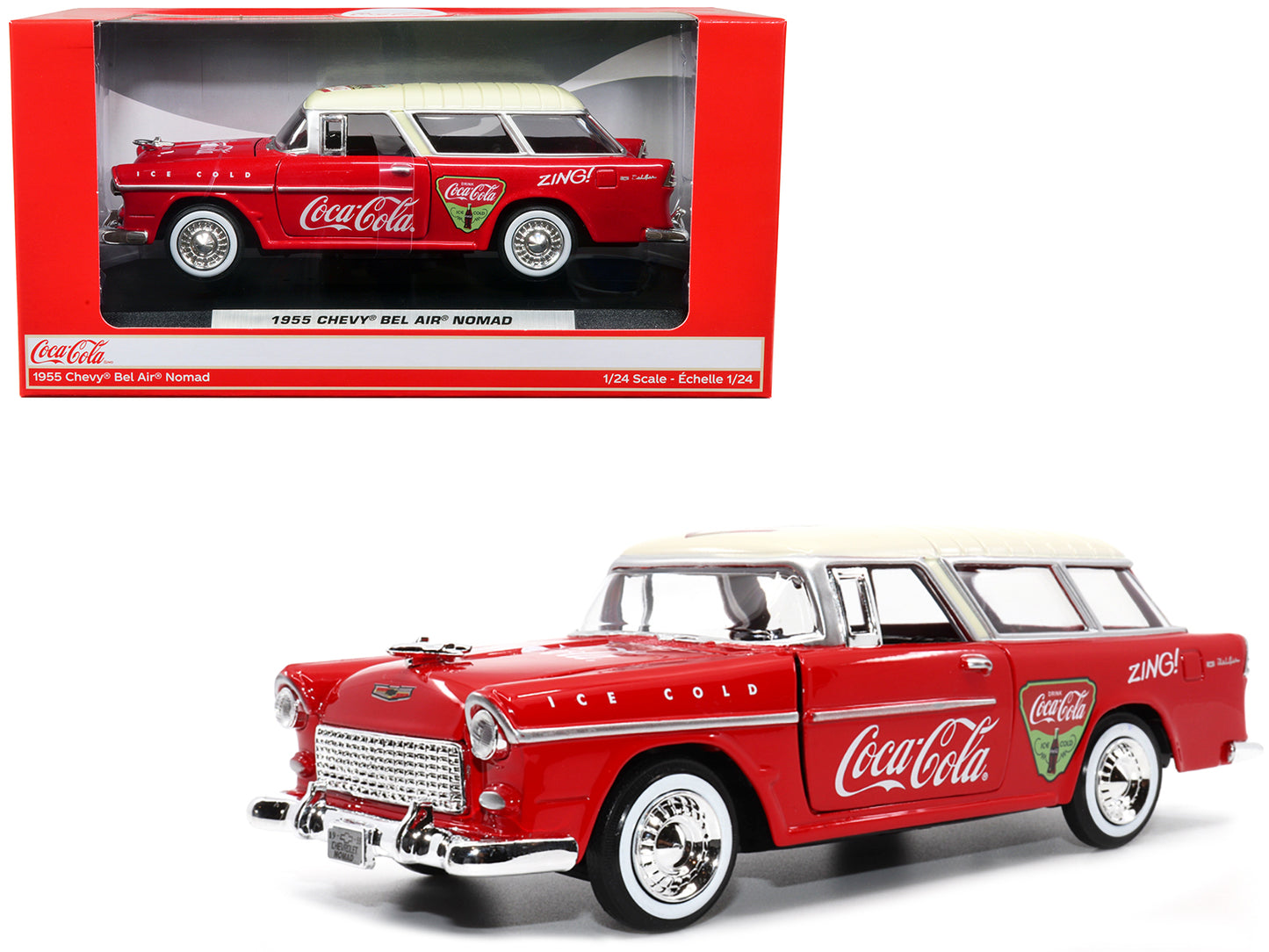 1955 Chevrolet Bel Air Nomad Red with White Top "Coca-Cola" 1/24 Diecast Model Car by Motor City Classics-DiecastModeler.com