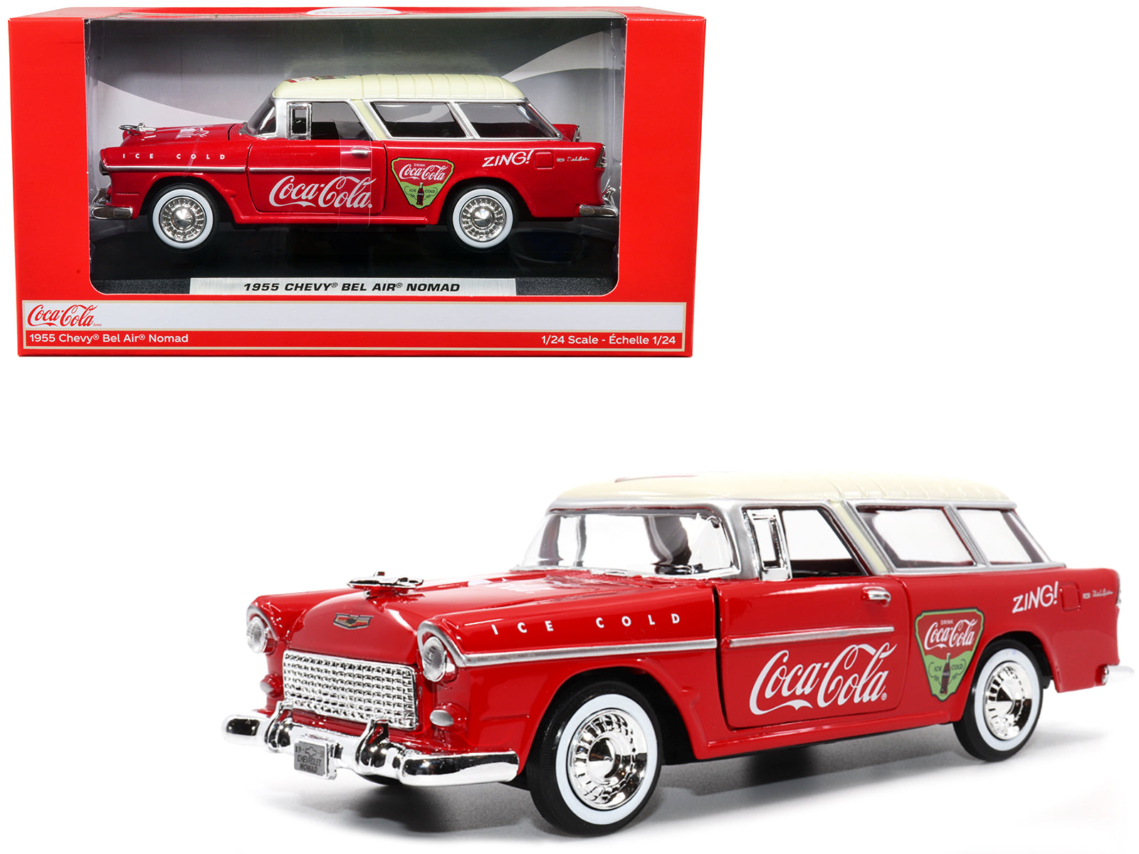 1955 Chevrolet Bel Air Nomad Red with White Top "Coca-Cola" 1/24 Diecast Model Car by Motor City Classics-DiecastModeler.com