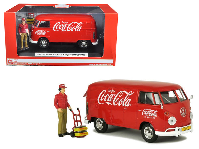 1963 Volkswagen Type 2 (T1) "Coca-Cola" Cargo Van with Delivery Driver Figurine with Handcart and Two Bottle Cases 1/24 Diecast Model Car by Motorcity Classics-DiecastModeler.com