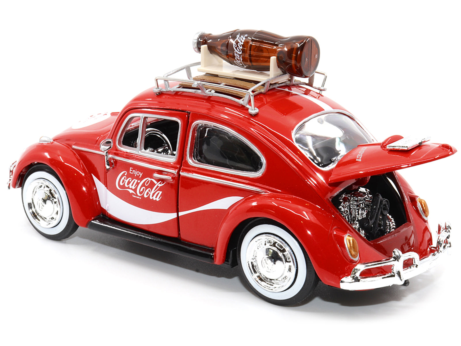 1966 Volkswagen Beetle Red "Enjoy Coca-Cola" with Roof Rack and Accessories 1/24 Diecast Model Car by Motor City Classics-DiecastModeler.com