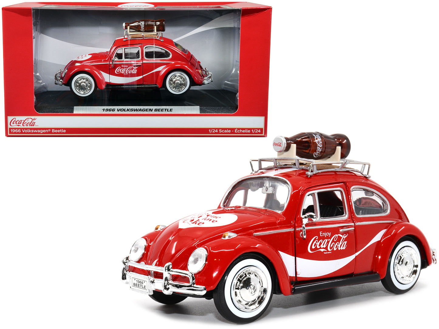 1966 Volkswagen Beetle Red "Enjoy Coca-Cola" with Roof Rack and Accessories 1/24 Diecast Model Car by Motor City Classics-DiecastModeler.com