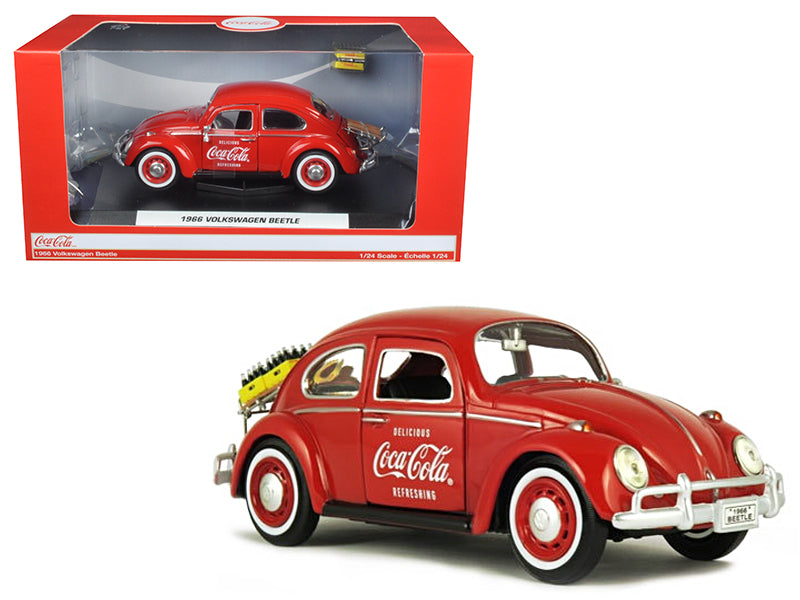 1966 Volkswagen Beetle with Rear Luggage Rack Red with Two Bottle Cases "Coca-Cola" 1/24 Diecast Model Car by Motorcity Classics-DiecastModeler.com