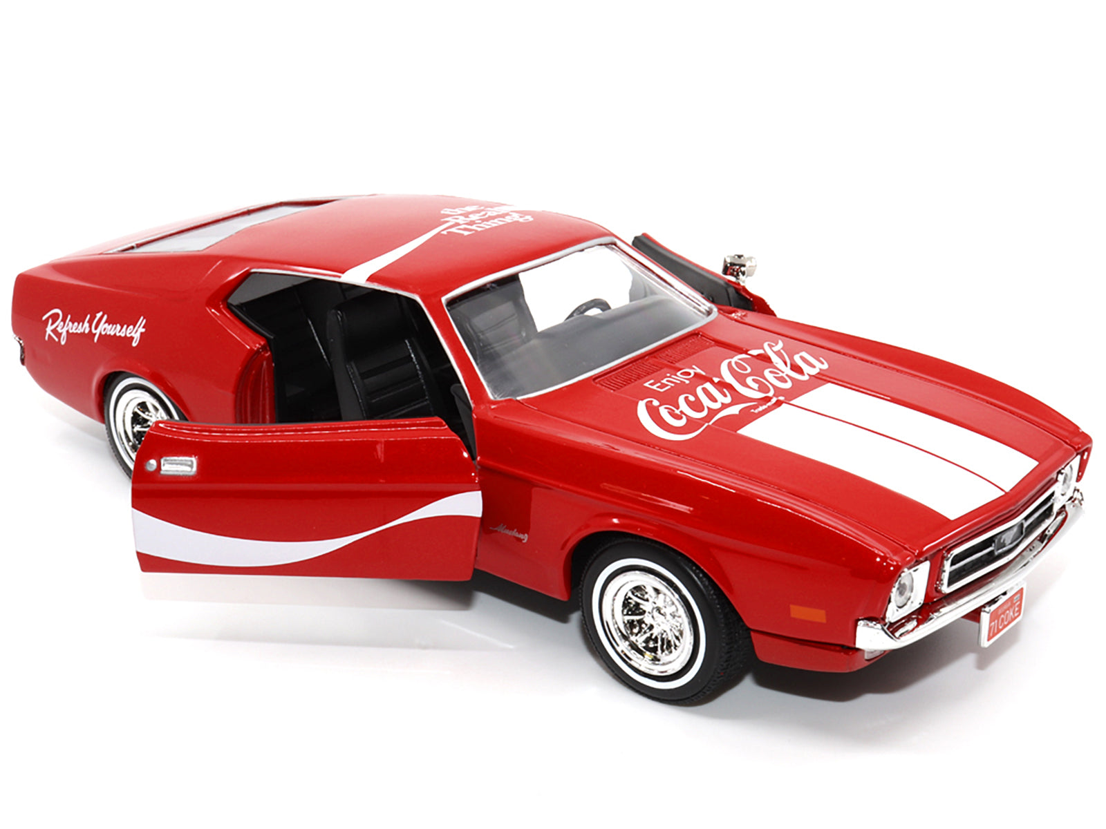 1971 Ford Mustang Sportsroof Red with White Stripes "Refresh Yourself - Coca-Cola" 1/24 Diecast Model Car by Motor City Classics-DiecastModeler.com