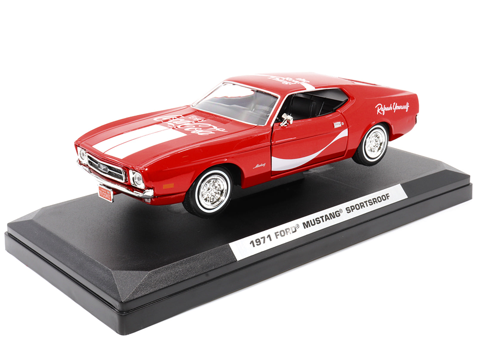 1971 Ford Mustang Sportsroof Red with White Stripes "Refresh Yourself - Coca-Cola" 1/24 Diecast Model Car by Motor City Classics-DiecastModeler.com