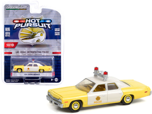 1974 Dodge Monaco Yellow and White "Las Vegas Metropolitan Police Department" (Nevada) "Hot Pursuit" Series 38 1/64 Diecast Model Car by Greenlight-DiecastModeler.com