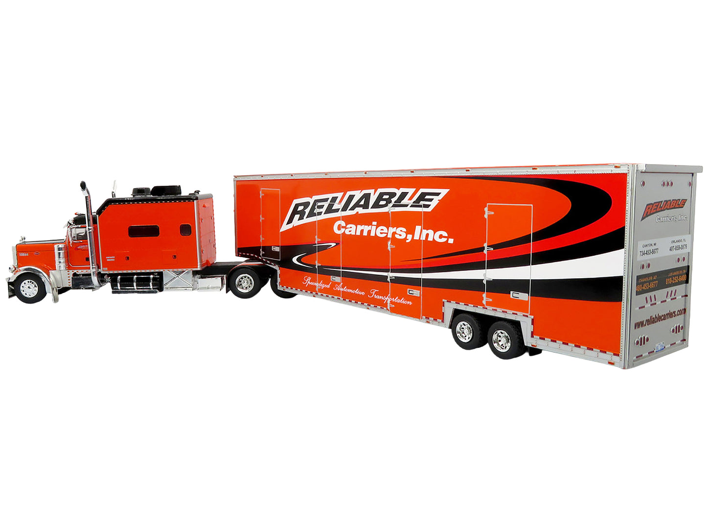 Peterbilt 379 Tractor with Enclosed Car Carrier Trailer "Reliable Carriers" Orange and Black "Heavy Haul Truck Collection" 1/43 Diecast Model by Iconic Replicas