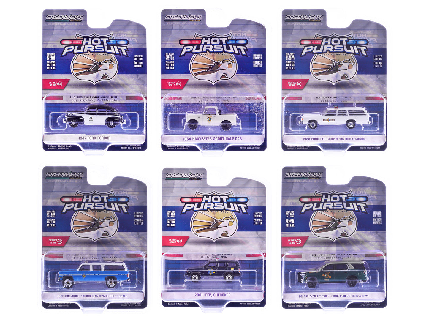 "Hot Pursuit" Series 46 Set of 6 Police Cars 1/64 Diecast Model Cars by Greenlight-DiecastModeler.com