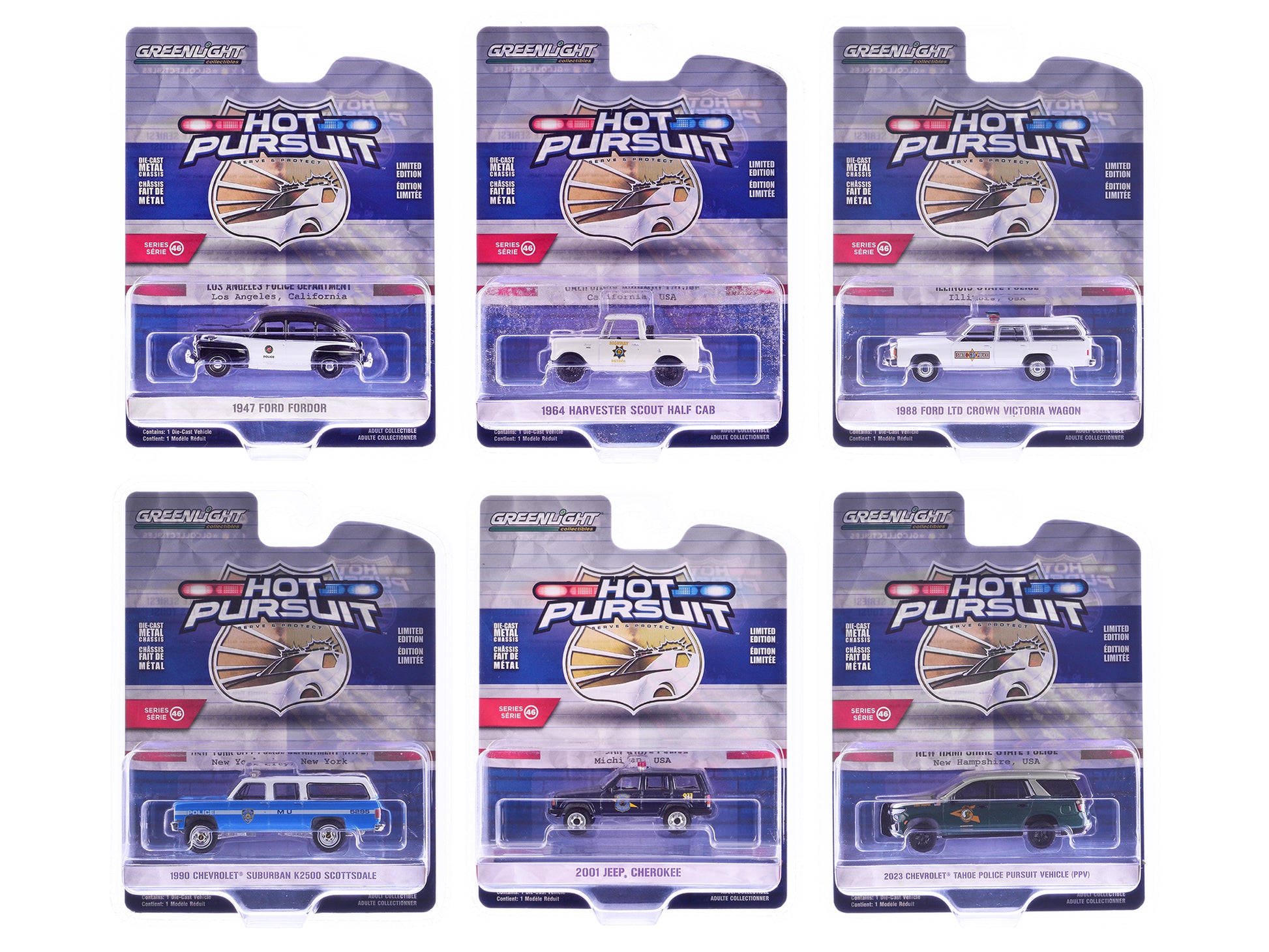 "Hot Pursuit" Series 46 Set of 6 Police Cars 1/64 Diecast Model Cars by Greenlight-DiecastModeler.com