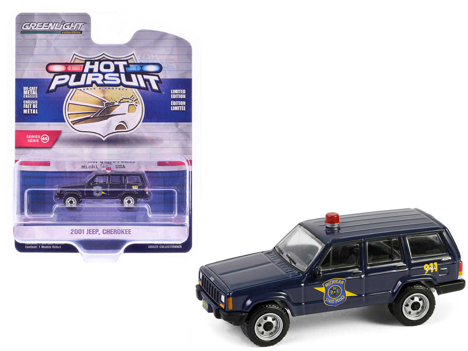 2001 Jeep Cherokee "Michigan State Police" Dark Blue "Hot Pursuit" Series 46 1/64 Diecast Model Car by Greenlight-DiecastModeler.com
