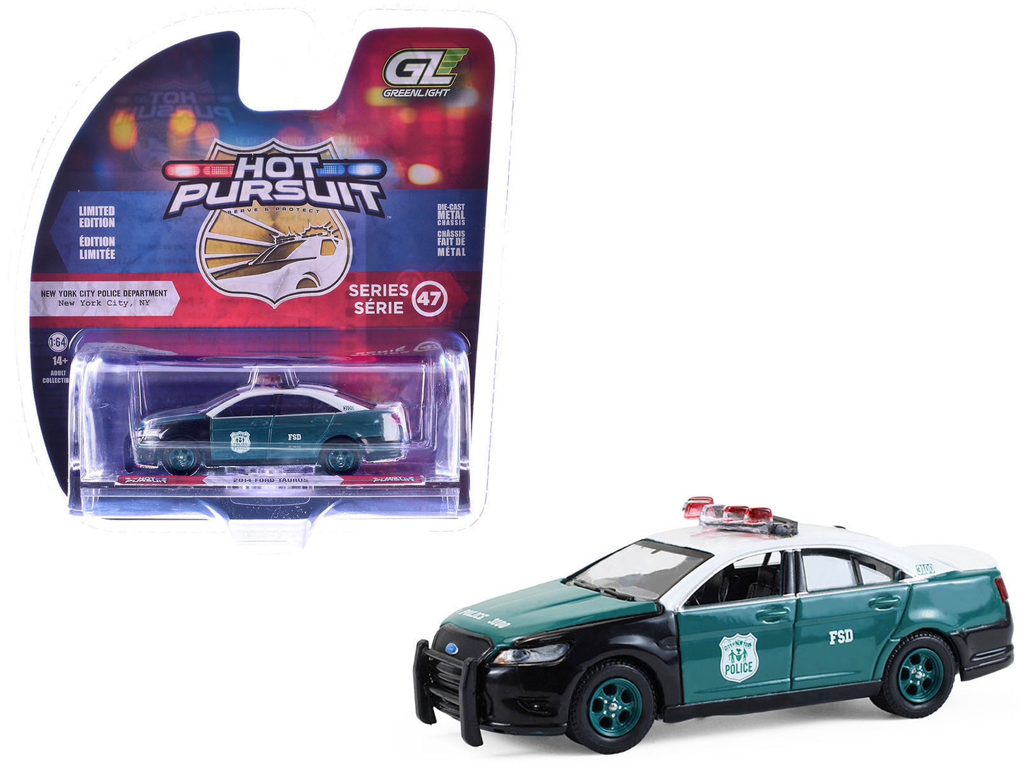 2014 Ford Taurus "New York Police Department (NYPD) Vintage Tribute Livery" Green and Black with White Top "Hot Pursuit" Series 47 1/64 Diecast Model Car by Greenlight-DiecastModeler.com