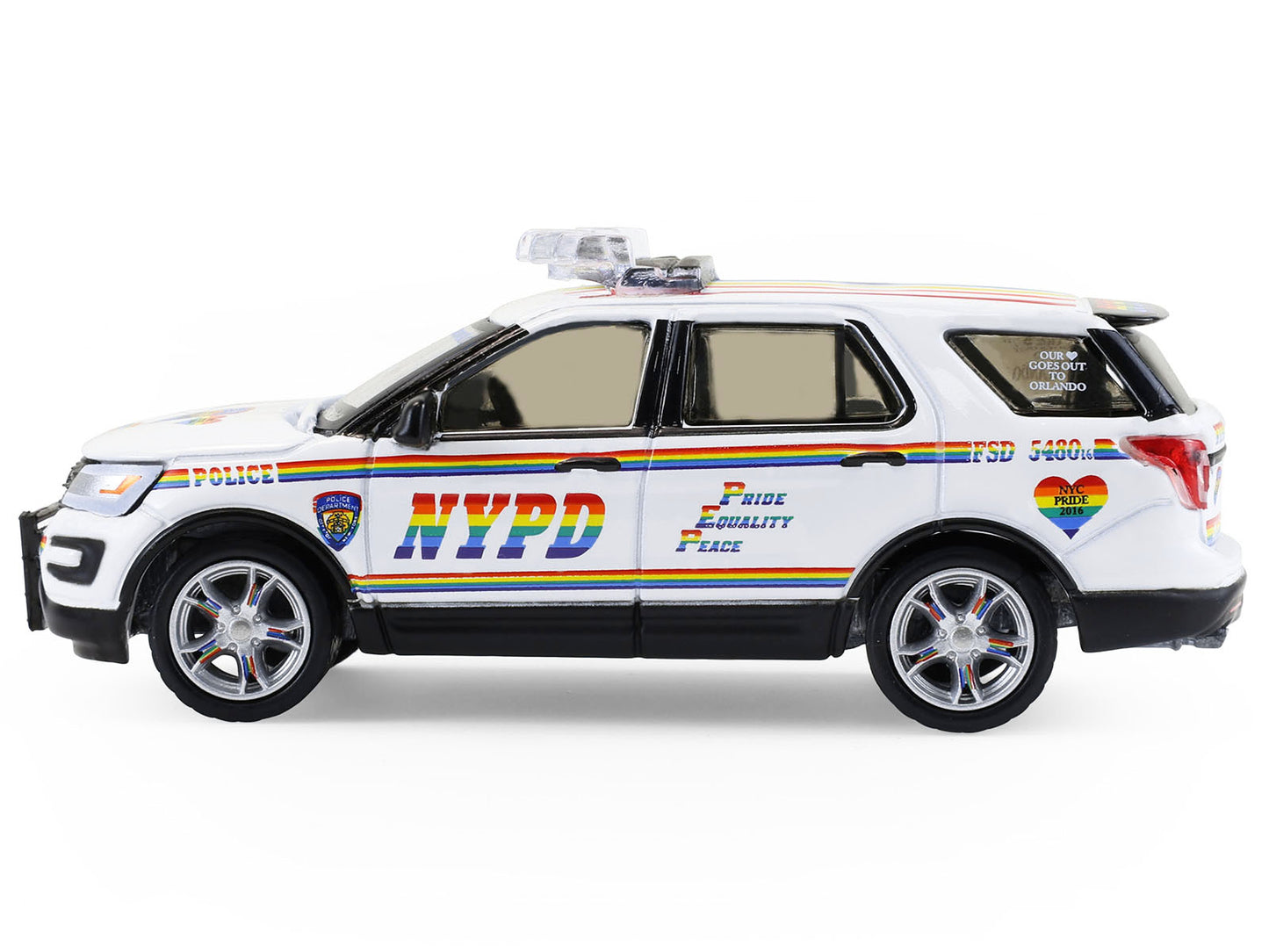 2016 Ford Police Interceptor Utility "New York Police Department (NYPD) Pride Livery" White with Rainbow Stripes "Hot Pursuit" Series 47 1/64 Diecast Model Car by Greenlight-DiecastModeler.com