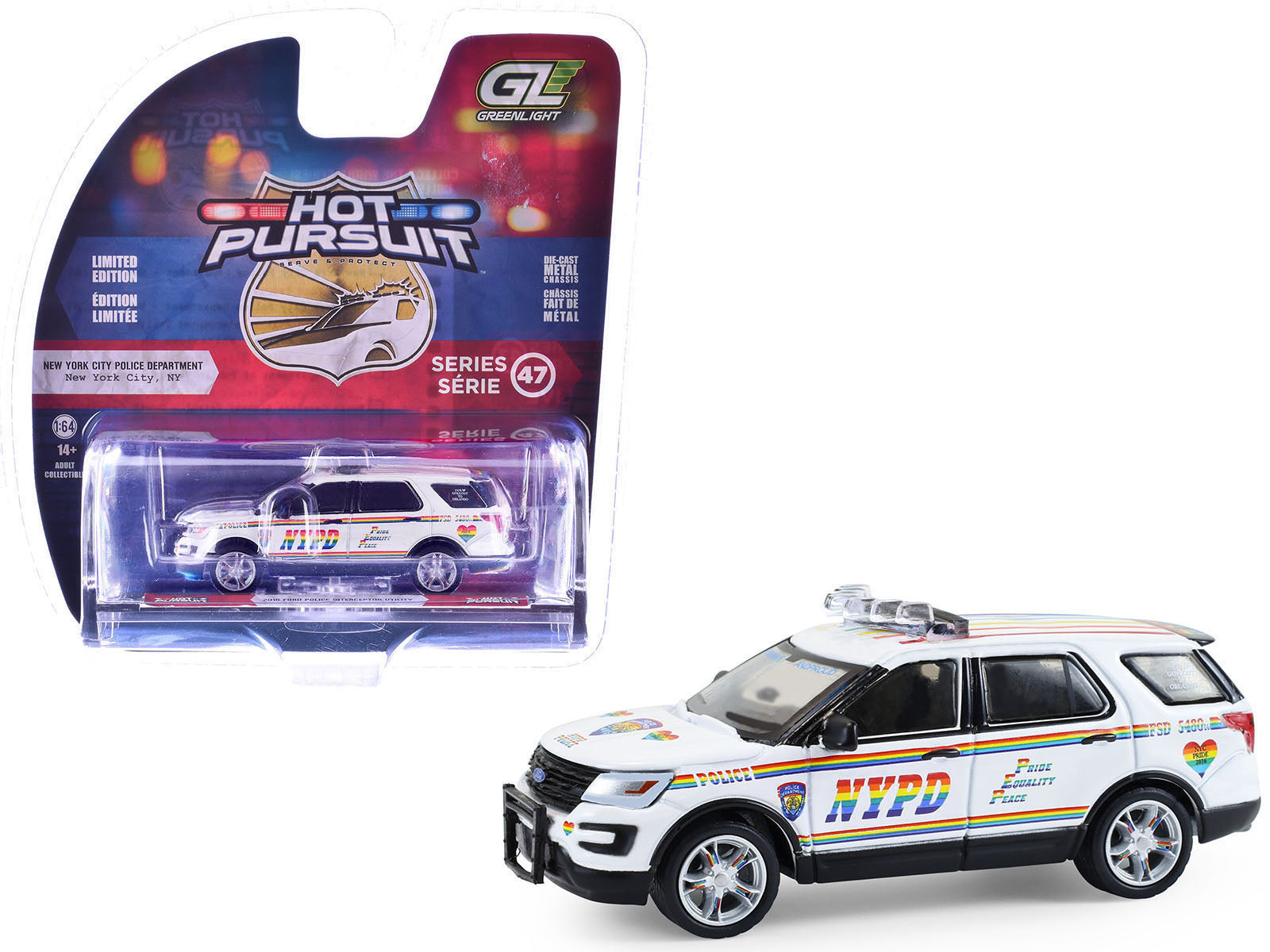 2016 Ford Police Interceptor Utility "New York Police Department (NYPD) Pride Livery" White with Rainbow Stripes "Hot Pursuit" Series 47 1/64 Diecast Model Car by Greenlight-DiecastModeler.com