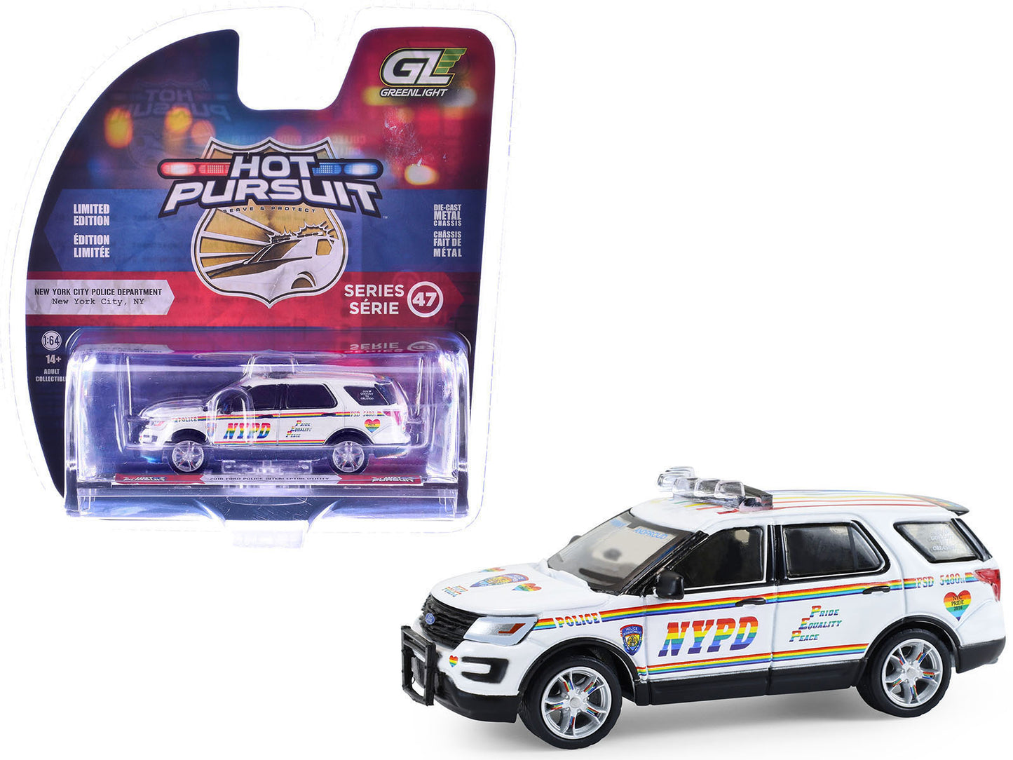 2016 Ford Police Interceptor Utility "New York Police Department (NYPD) Pride Livery" White with Rainbow Stripes "Hot Pursuit" Series 47 1/64 Diecast Model Car by Greenlight