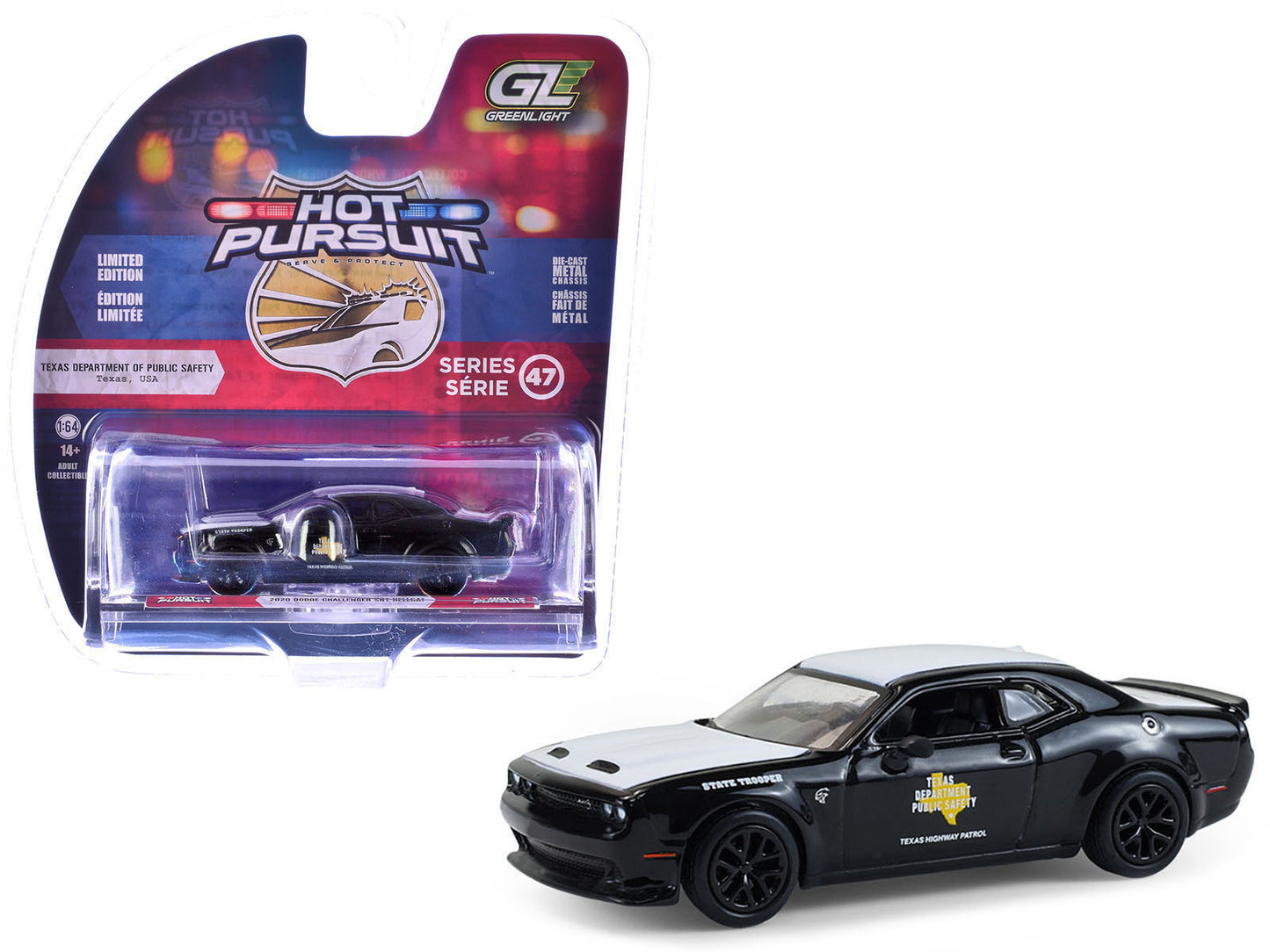 2020 Dodge Challenger SRT Hellcat "Texas Department of Public Safety" Black and White "Hot Pursuit" Series 47 1/64 Diecast Model Car by Greenlight-DiecastModeler.com