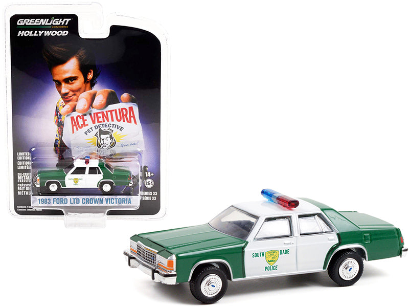 1983 Ford LTD Crown Victoria Green and White "Miami-Dade Police Department" "Ace Ventura: Pet Detective" (1994) Movie "Hollywood Series" Release 33 1/64 Diecast Model Car by Greenlight-DiecastModeler.com