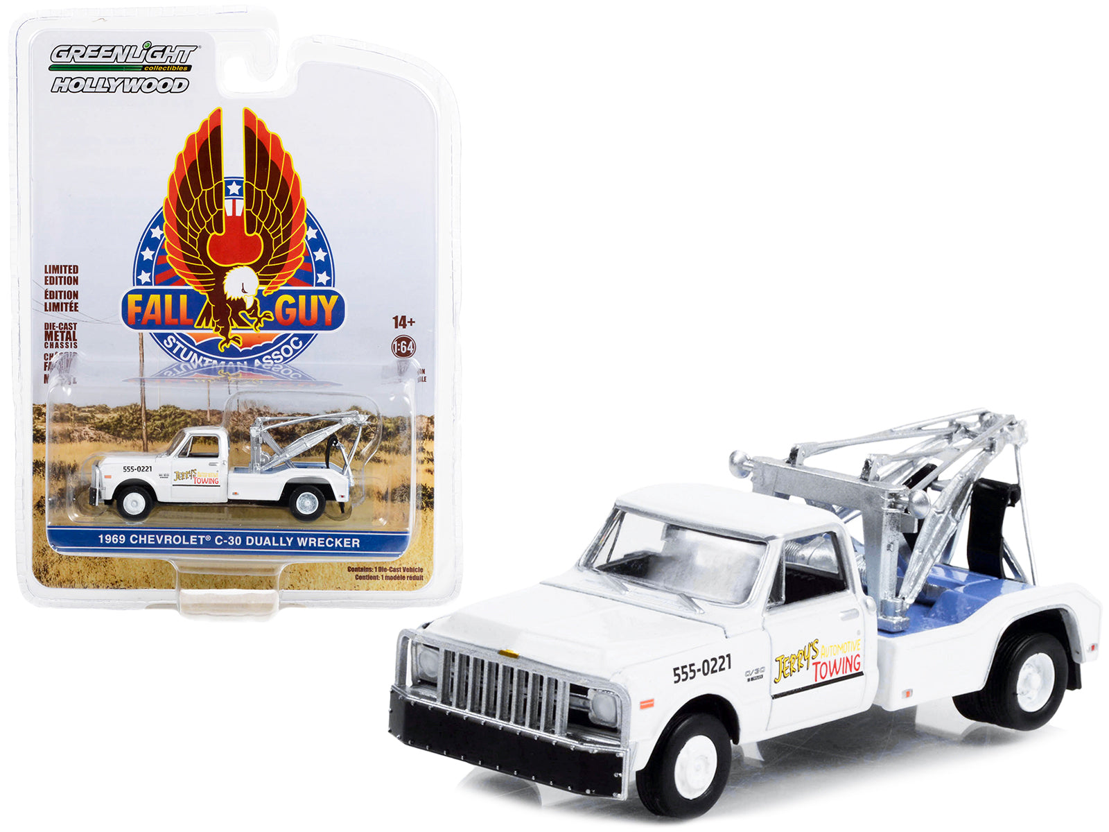 1969 Chevrolet C-30 Dually Wrecker Tow Truck White "Jerry’s Towing" "Fall Guy Stuntman Association" Hollywood Special Edition 1/64 Diecast Model Car by Greenlight-DiecastModeler.com