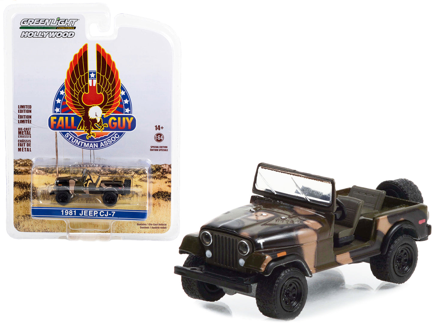 1981 Jeep CJ-7 Camouflage "Fall Guy Stuntman Association" Hollywood Special Edition 1/64 Diecast Model Car by Greenlight-DiecastModeler.com