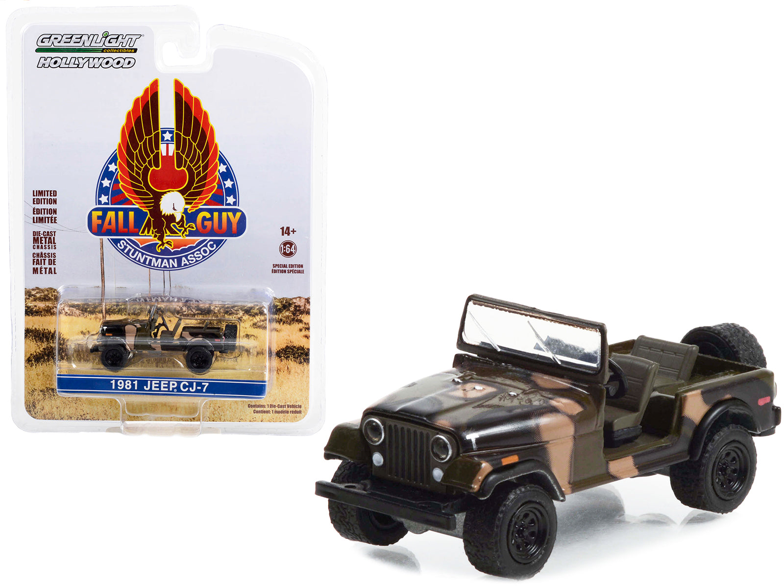 1981 Jeep CJ-7 Camouflage "Fall Guy Stuntman Association" Hollywood Special Edition 1/64 Diecast Model Car by Greenlight-DiecastModeler.com