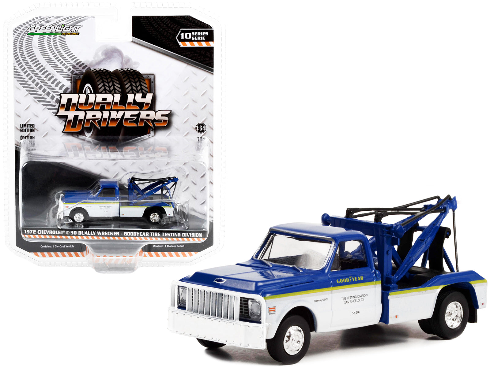 1972 Chevrolet C-30 Dually Wrecker Truck White and Blue with Yellow Stripes "Goodyear Tire Testing Division" "Dually Drivers" Series 10 1/64 Diecast Model Car by Greenlight-DiecastModeler.com
