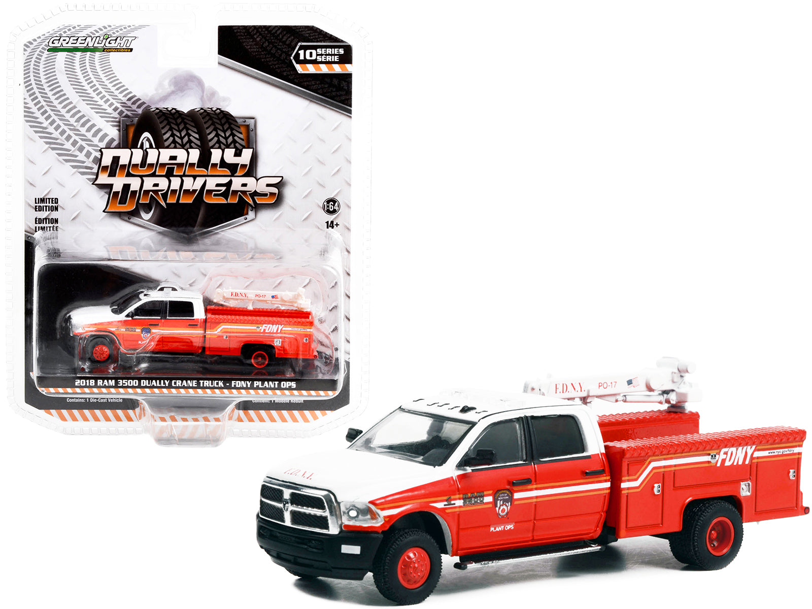 2018 Ram 3500 Dually Crane Truck Red and White with Stripes "FDNY (Fire Department of the City of New York) Plant Ops" "Dually Drivers" Series 10 1/64 Diecast Model Car by Greenlight-DiecastModeler.com