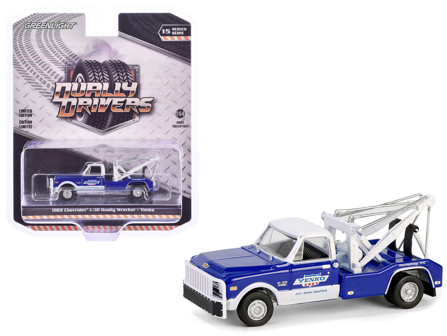 1969 Chevrolet C30 Dually Wrecker Tow Truck "Yenko" Blue with White Top "Dually Drivers" Series 15 1/64 Diecast Model Car by Greenlight-DiecastModeler.com