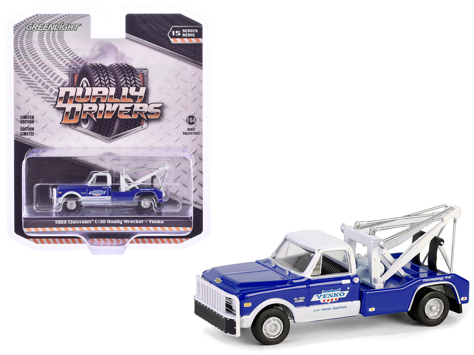 1969 Chevrolet C30 Dually Wrecker Tow Truck "Yenko" Blue with White Top "Dually Drivers" Series 15 1/64 Diecast Model Car by Greenlight-DiecastModeler.com