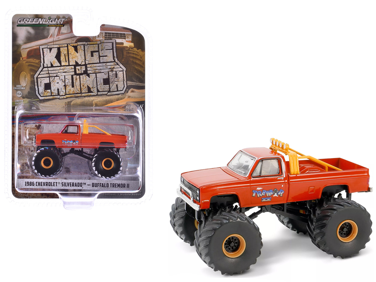 1986 Chevrolet Silverado Monster Truck Orange "Buffalo Tremor II" "Kings of Crunch" Series 15 1/64 Diecast Model Car by Greenlight-DiecastModeler.com
