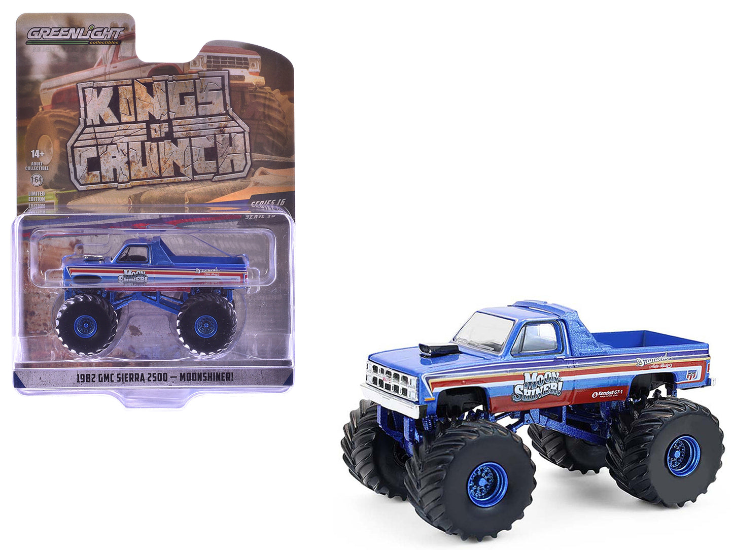 1982 GMC Sierra 2500 Monster Truck "Moonshiner!" Blue Metallic with Stripes "Kings of Crunch" Series 16 1/64 Diecast Model Car by Greenlight