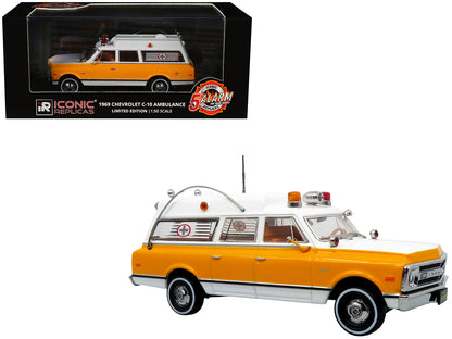 1969 Chevrolet C-10 Ambulance "Rampart General Hospital" White and Yellow "5 Alarm" Series Limited Edition 1/50 Diecast Model by Iconic Replicas