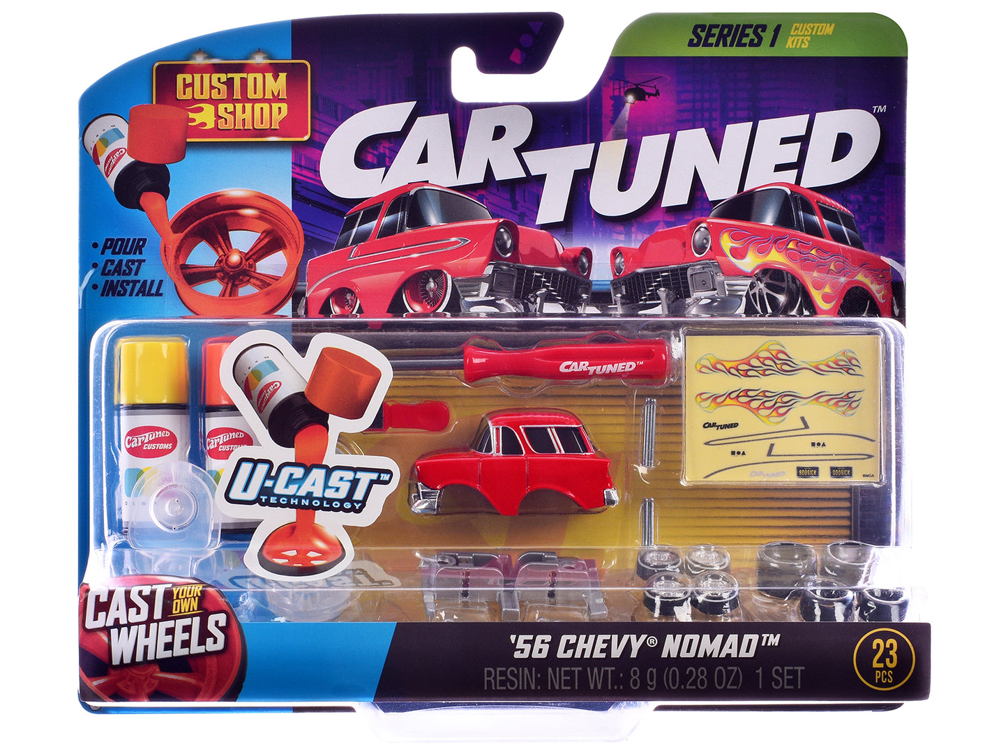 1987 Chevrolet C10 Pickup Truck Orange and 1956 Chevrolet Nomad Red "Custom Shop" 2 Car Set Diecast Model Cars by CarTuned