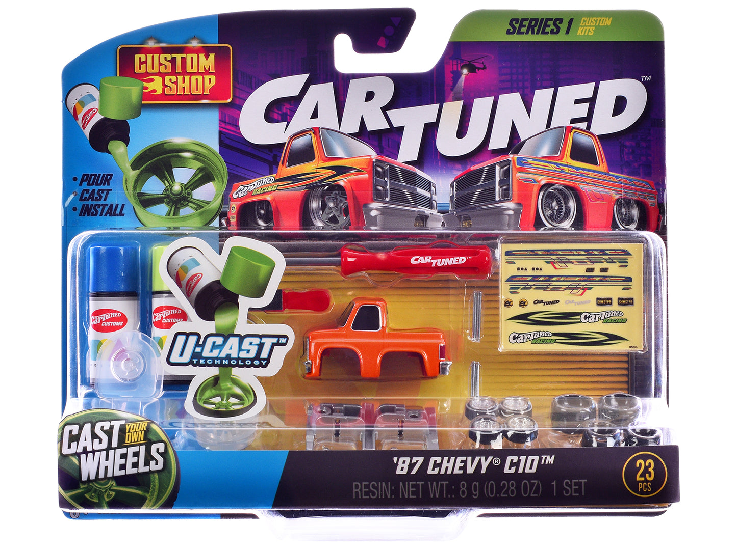 1987 Chevrolet C10 Pickup Truck Orange and 1956 Chevrolet Nomad Red "Custom Shop" 2 Car Set Diecast Model Cars by CarTuned