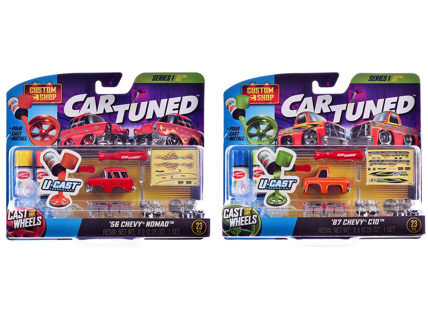 1987 Chevrolet C10 Pickup Truck Orange and 1956 Chevrolet Nomad Red "Custom Shop" 2 Car Set Diecast Model Cars by CarTuned