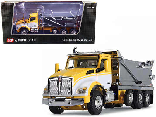 Kenworth T880 Day Cab with Rogue Transfer Dump Body Truck Yellow with White and Chrome 1/64 Diecast Model by DCP/First Gear-DiecastModeler.com