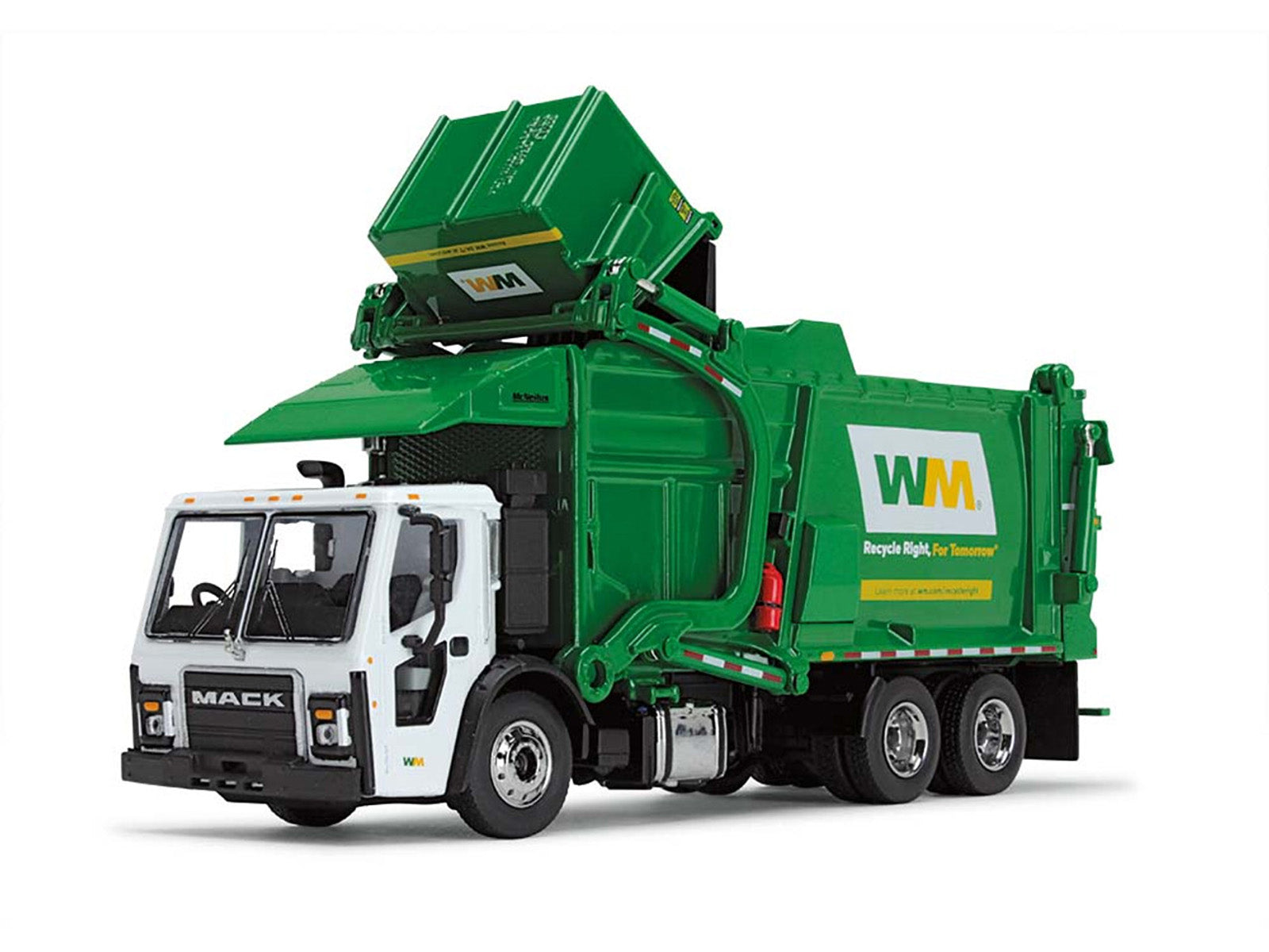 Mack LR Garbage Truck with McNeilus Meridian Front Load Refuse Body White and Green with Refuse Bin "Waste Management" 1/64 Diecast Model by First Gear-DiecastModeler.com